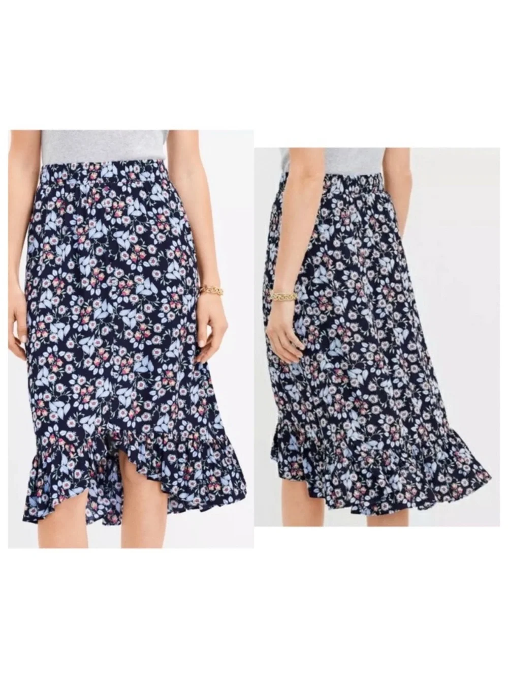 LOFT Petites Womens Medium MP Navy Floral Ruffle Hem Midi Rayon Skirt Modest